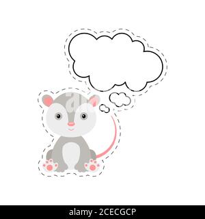 Cute cartoon opossum with speech bubble sticker. Kawaii character on white background. Cartoon sitting animal postcard clipart for birthday Stock Vector