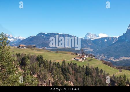 Natural earth pyramids in Renon Ritten Italy. Aerial view Stock Photo