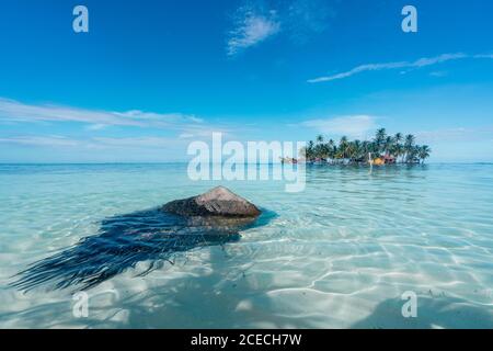 Little island with palms and building between water Stock Photo