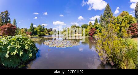 View over Middle Lake in Sheffield Park Garden, an informal landscape garden laid out by Capability Brown in East Sussex, near Haywards Heath, England Stock Photo