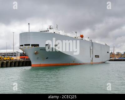 Arcadia Highway, a Vehicles Carrier sailing under the flag of Panama moored at the docks at the Port of Southampton, the Solent, Hants, south England Stock Photo