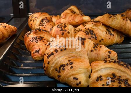 Freshly baked chocolate croissants in a bakery setting Stock Photo