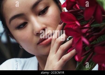 Pretty young Asian Woman standing and touching red flowers. Stock Photo