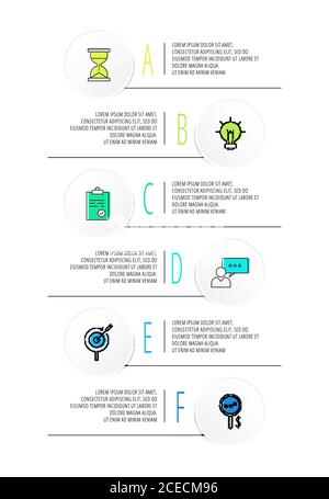 Infographics circles with 6 steps, icons. Flat line vector template. Can be used for six diagrams, business, web, flowchart, info graph, timeline Stock Vector