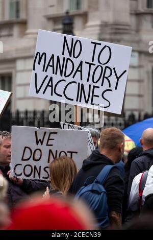 Placard at Anti-Lockdown demonstration, Whitehall, London, 29 August 2020 Stock Photo