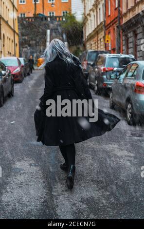 Stylish Woman on cold street Stock Photo