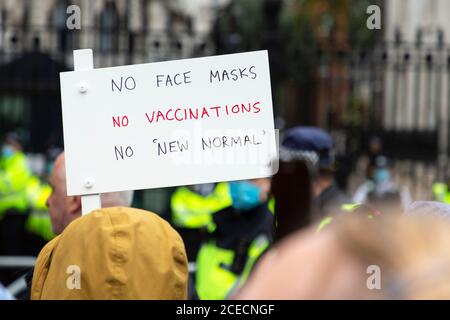 Placard at Anti-Lockdown demonstration, Whitehall, London, 29 August 2020 Stock Photo