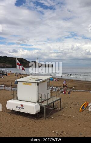 RNLI Lifeguard station on beach, Sandsend, Whitby Stock Photo
