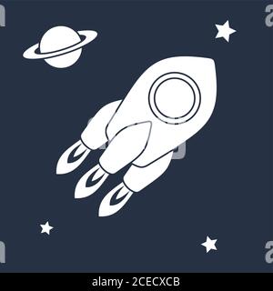 White contour of a rocket on a dark blue background. Rocket is surrounded by stars and the planet Saturn. Stock Vector
