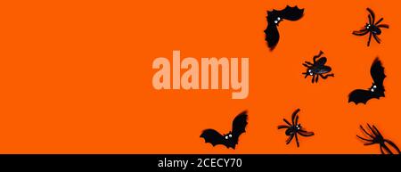 Halloween web banner - orange background with spiders, bats, hand. Flat lay with a place for your text. Plastic toys. Stock Photo