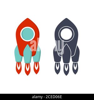 Multicolored rocket and an contour of a dark blue rocket on a white background. Stock Vector