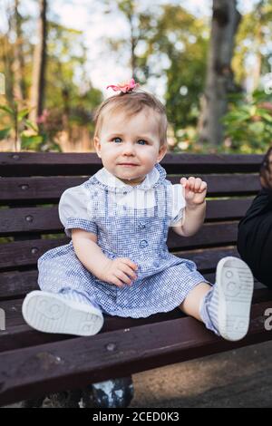 Cute baby girl in checkered dress looking at camera while sitting on bench on blurred background of park Stock Photo