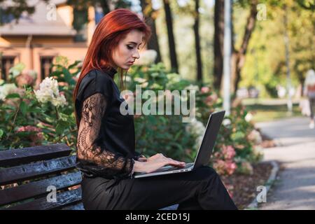 Woman using laptop on bench Stock Photo