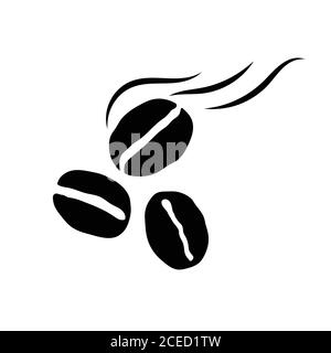 Black silhouette of coffee beans. Three coffee beans with aroma effect on a white background. Handmade vector graphics. Isolated objects Stock Vector