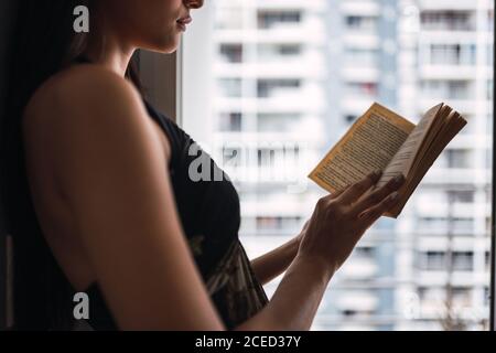 Beautiful passionate brunette Hispanic Woman in dress looking at volume in hands near window and grey wall Stock Photo