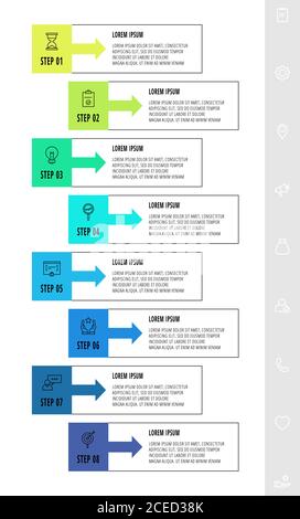 Vector infographic design with 8 rectangles with arrows. Flat template used for diagram, web, banner, workflow layout, presentations, flowchart Stock Vector