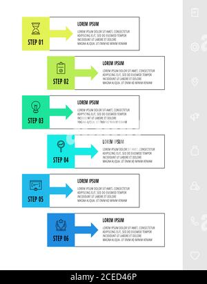 Vector infographic design with six rectangles with arrows. Flat template used for diagram, business, web, banner, workflow layout, presentations Stock Vector