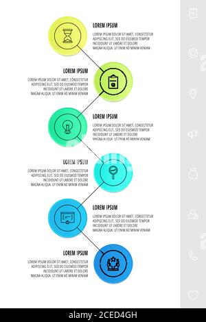 Infographics circles with 6 steps, icons. Flat line vector template. Can be used for six diagrams, business, web, flowchart, info graph, timeline Stock Vector