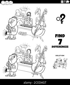 Black and White Cartoon Cartoon Illustration of Finding Differences Between Pictures Educational Game for Children with Comic Jazz Band Musicians Char Stock Vector