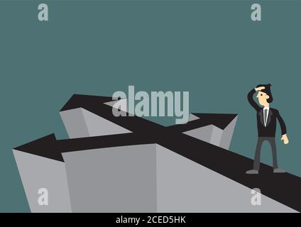 Businessman facing with crossroads and decision to make. Concept of business choices. Vector illustration. Stock Vector