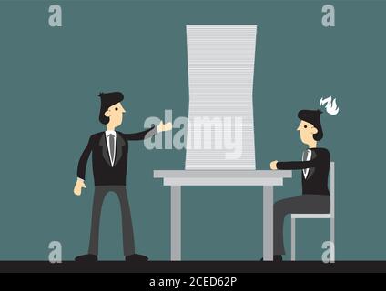 Boss gives office worker big stack of paperwork. Cartoon vector illustration on excessive workload at workplace concept. Stock Vector