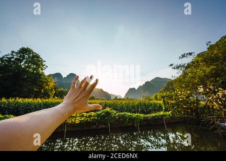 Crop view of hand reaching out for stunning bright green rice paddy across small Quây Son river with trees and mountains around on sunny summer day in Chinese province of Guangxi Stock Photo
