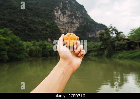 Crop view of hand holding bright juicy peach on blurred background of water surface of Quây Son river, mountains and trees on cloudy day in Chinese province of Guangxi Stock Photo