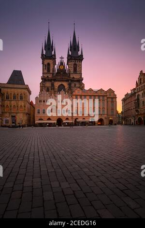 Prague, Czech Republic - March 10, 2019: Dawn in the Old Town Square in the historical city centre of Prague.