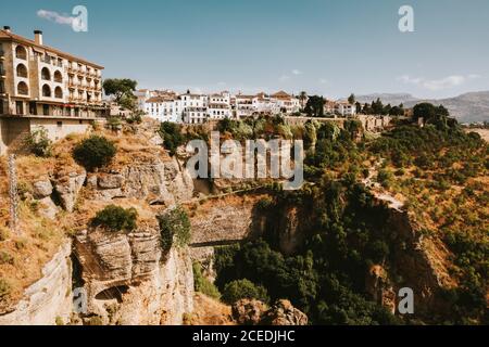 Breathtaking view of the buildings located on the Dolomites mountains ...