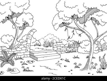 Jungle ruin graphic black white landscape sketch illustration vector Stock Vector