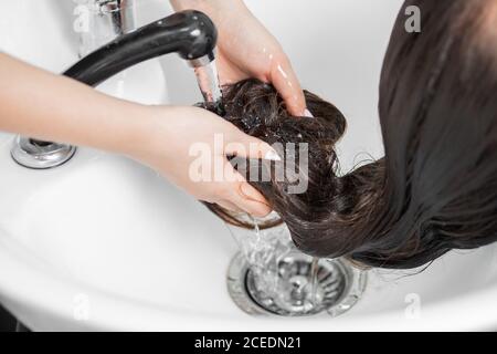 Shampooing hair in spa beauty salon, hairdresser washes foam from head of young brunette woman Stock Photo