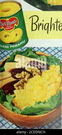 . The Ladies' home journal. 1?wffitest ifiiwj on lettuce ttiis sprinq /. You can tell by that sparkling, sunny flavor—we let Del Monte pineapples take their own>ueet time to ripen. Only pineapples treated with such respectcan give you the full measure of rich, tropicalgoodness you find in Del Monte. The slowerthe ripening, the finer the flavor. Just set fork to tender, juicy Sliced. Giveluscious Crushed a whirl in your favorite salador dessert. Pour yourself a big, frosty glass ofrefreshing Del Monte Pineapple Juice. Youll see (and taste) why its always worthwhile to look for Del Monte Bran Stock Photo