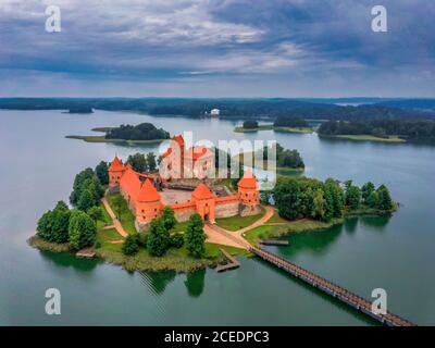 Trakai Island Castle in Lake Galve, Lithuania. Drone View