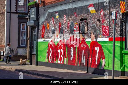 A new Liverpool FC mural on the wall of the Arc Hotel on Anfield Road, Liverpool. Stock Photo