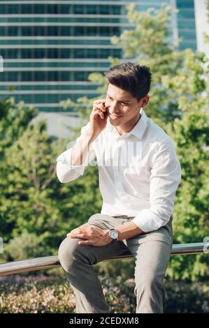 Young man talking phone on railing Stock Photo