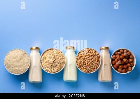 Assortment of vegetarian lactose free milk made of nuts and grains Stock Photo