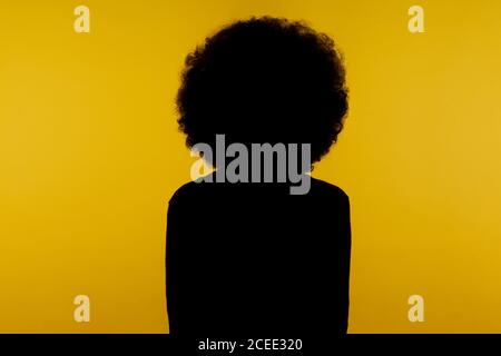 No name, anonymous hiding face in shadow, human identity. Silhouette portrait of curly hair person standing calm alone in darkness with hands down. in Stock Photo