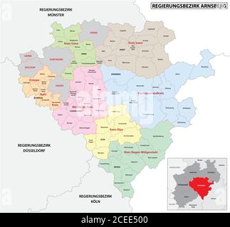 administrative vector map of the Arnsberg region in German language, North Rhine-Westphalia, Germany Stock Vector