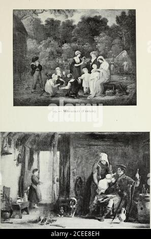 . Illustrated catalogue of 100 paintings of old masters of the Dutch, Flemish, Italian, French, and English schools : belonging to the Sedelmeyer Gallery, which contains about 1000 original paintings of ancient and modern artists. t; WHEATLEY (Francis)(1747-1801) 99. — A Visit to the Farm A landscape, the background of which is composed of trees withdense foliage. In the centre, the farmers wife is pouring milk into ajug which a lady is holding. Another lady presents a cup to the babysitting on her lap. Several children, coquettishly dressed, are fillingtheir jugsfrom a large tub. Animals and Stock Photo