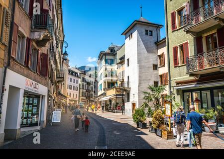 Sion Switzerland , 3 July 2020 : People in pedestrian Rhone shopping street view in Sion old town Valais Switzerland Stock Photo