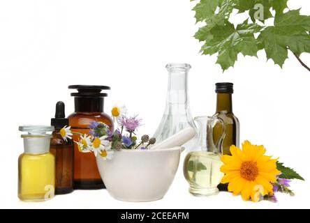 Composition with natural cosmetics and chamomile flowers on white background. Stock Photo