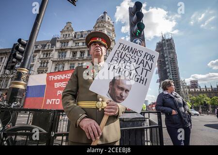 London, UK. 1st September 2020. Pro-EU campaigner, Steve Bray, demonstrates in Westminster dressed in Russian military uniform in protest against RussiaÕs alleged interference during the Brexit referendum. Credit: Guy Corbishley/Alamy Live News