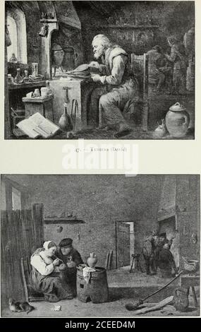 . Illustrated catalogue of 100 paintings of old masters of the Dutch, Flemish, Italian, French, and English schools : belonging to the Sedelmeyer Gallery, which contains about 1000 original paintings of ancient and modern artists. TENIERS (David) ([GlO-l690) 48. Interior of a Cabaret (Smith, vol. Ill, p. 359, n° 377, describes the picture as follows) : The subjects represents a Dutch woman sitting on the right, neara tub, lightnig her pipe, and apparently listening to a peasant, whois near her. Beyond them are three other figures, near the chim-ney. A^arious culinary objects are distributed on Stock Photo