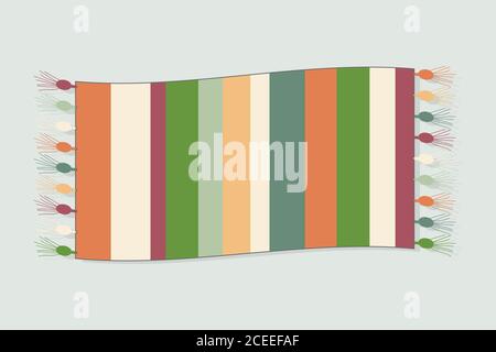 floor carpet with orange, green, beige, burgundy stripes with fringes on a light background Stock Vector