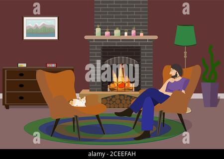 A dark-haired man with a beard in blue trousers and a purple T-shirt sits in an orange chair in a room with a burning dark brick fireplace, opposite a Stock Vector