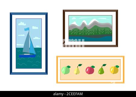 three framed paintings on a white wall. yacht at sea in a blue frame, mountain landscape in a brown frame and apples and pears in an orange frame Stock Vector