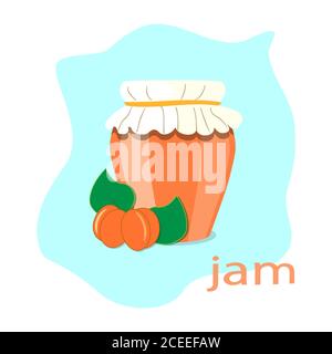 apricot jam in an oval glass jar closed with white paper under a rope and two orange apricots with green leaves lie near the jar on a cyan background Stock Vector