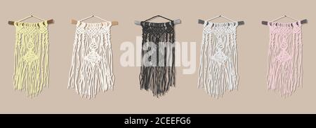 set of identical wall panels using macrame technique in yellow, pink, gray, and white Stock Vector