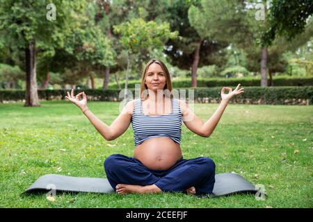 Pregnant attractive Woman meditating on mat in park Stock Photo