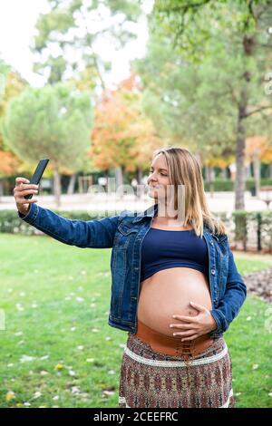 Pregnant attractive Woman using mobile phone Stock Photo
